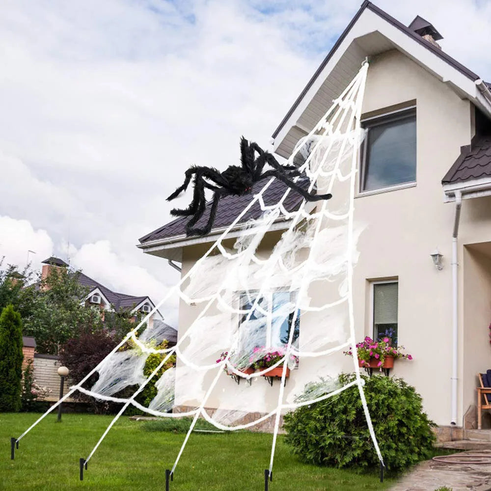 Grande toile d'araignée triangulaire 5 m avec araignée en peluche, décoration Halloween extérieur