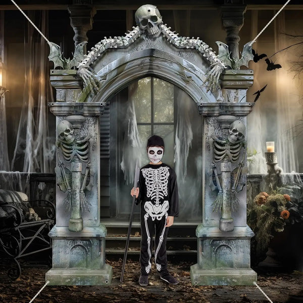 Grande toile de fond Halloween cimetière avec squelettes, tombes et chauves-souris, pour porte ou photobooth
