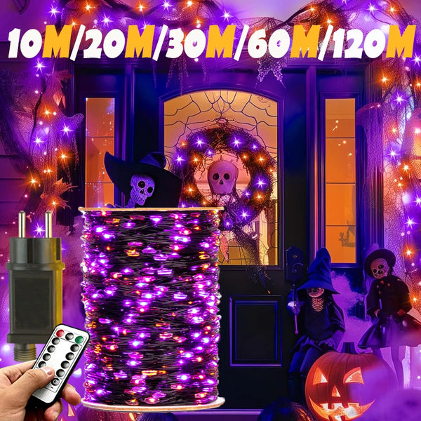 Guirlande LED fil de cuivre violet et orange, 8 modes, intérieur/extérieur