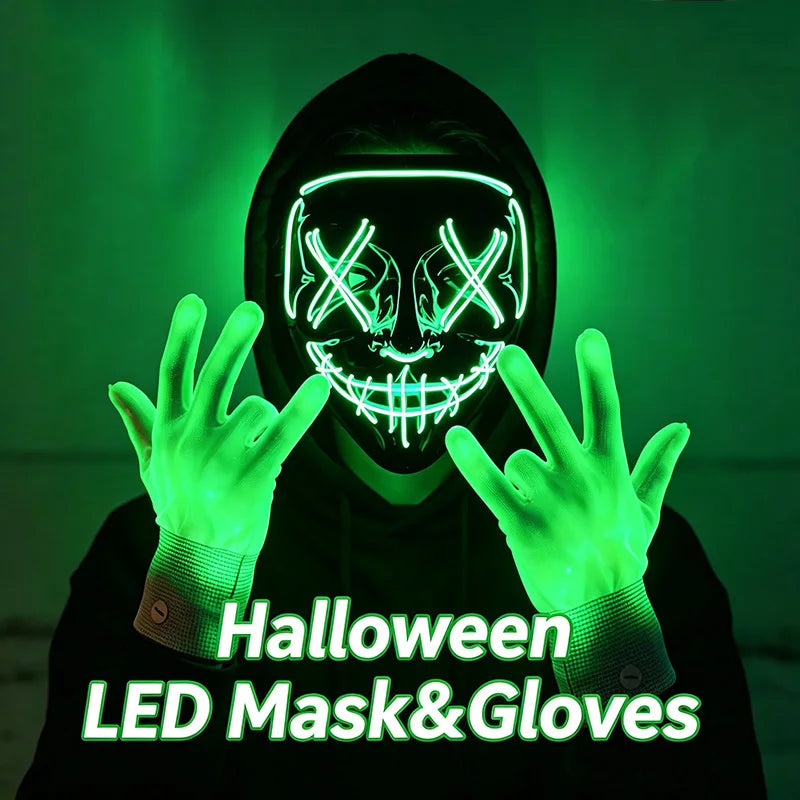 Masque LED néon et gants lumineux, Halloween