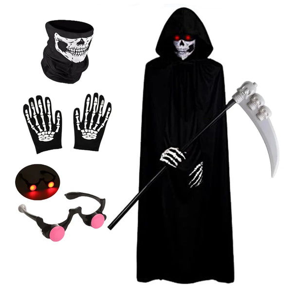 Costume fantôme enfant, cape crâne et faux
